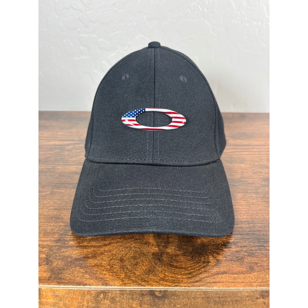 Oakley Classic Low Flex Hat Mens Black American Flag Logo‎ Stretch Fit Cap S/M